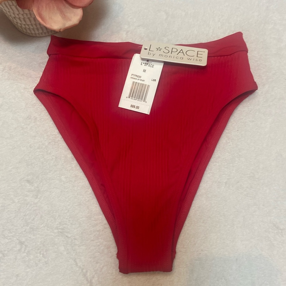 L*SPACE Size M Betsy Cut Red Ribbed Bikini Bottom NWT